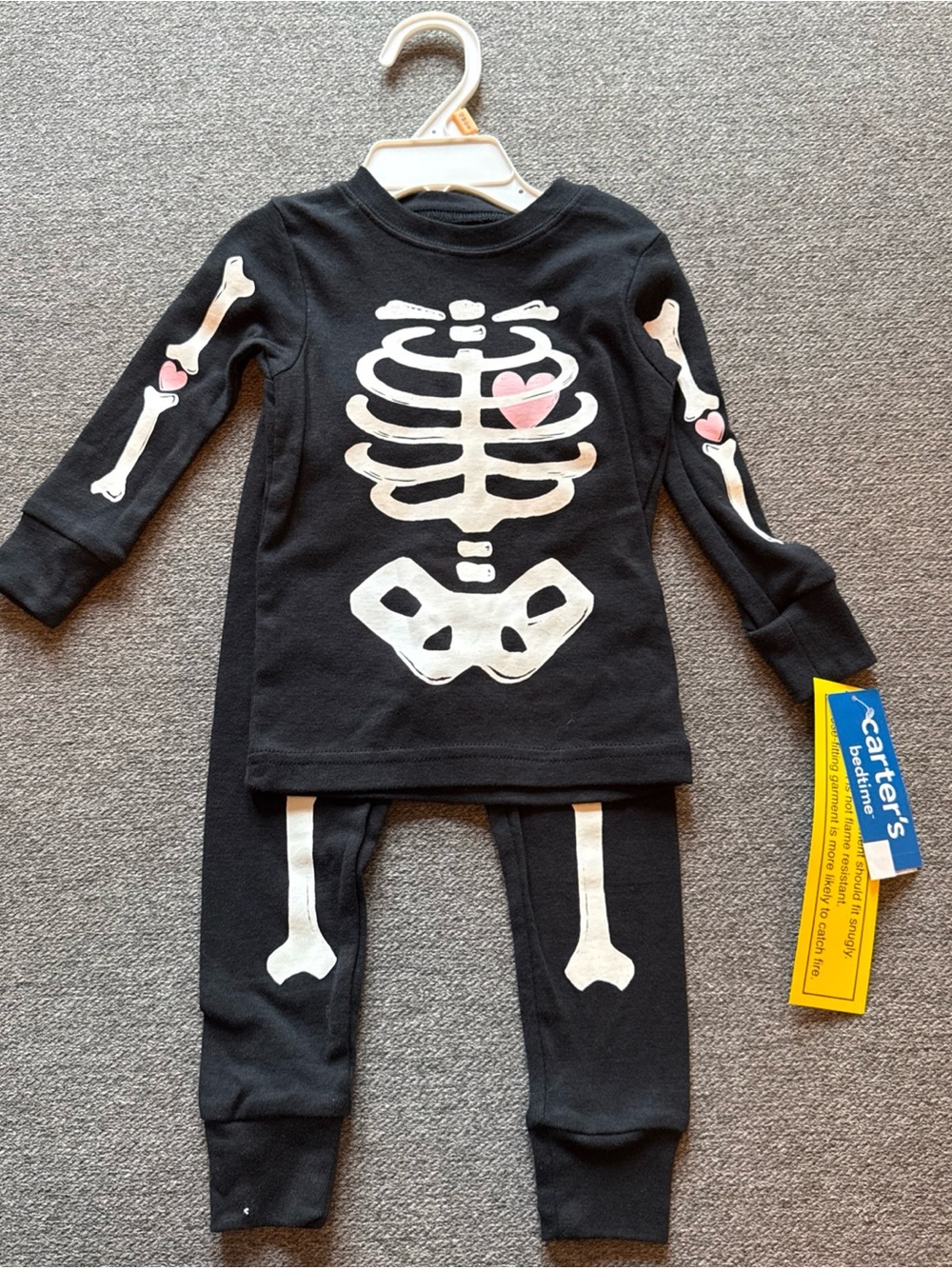 Carters Glow Dark Skeleton Black Pink Hearts Halloween 2 Pc Sleepwear Pjs 12 Mth